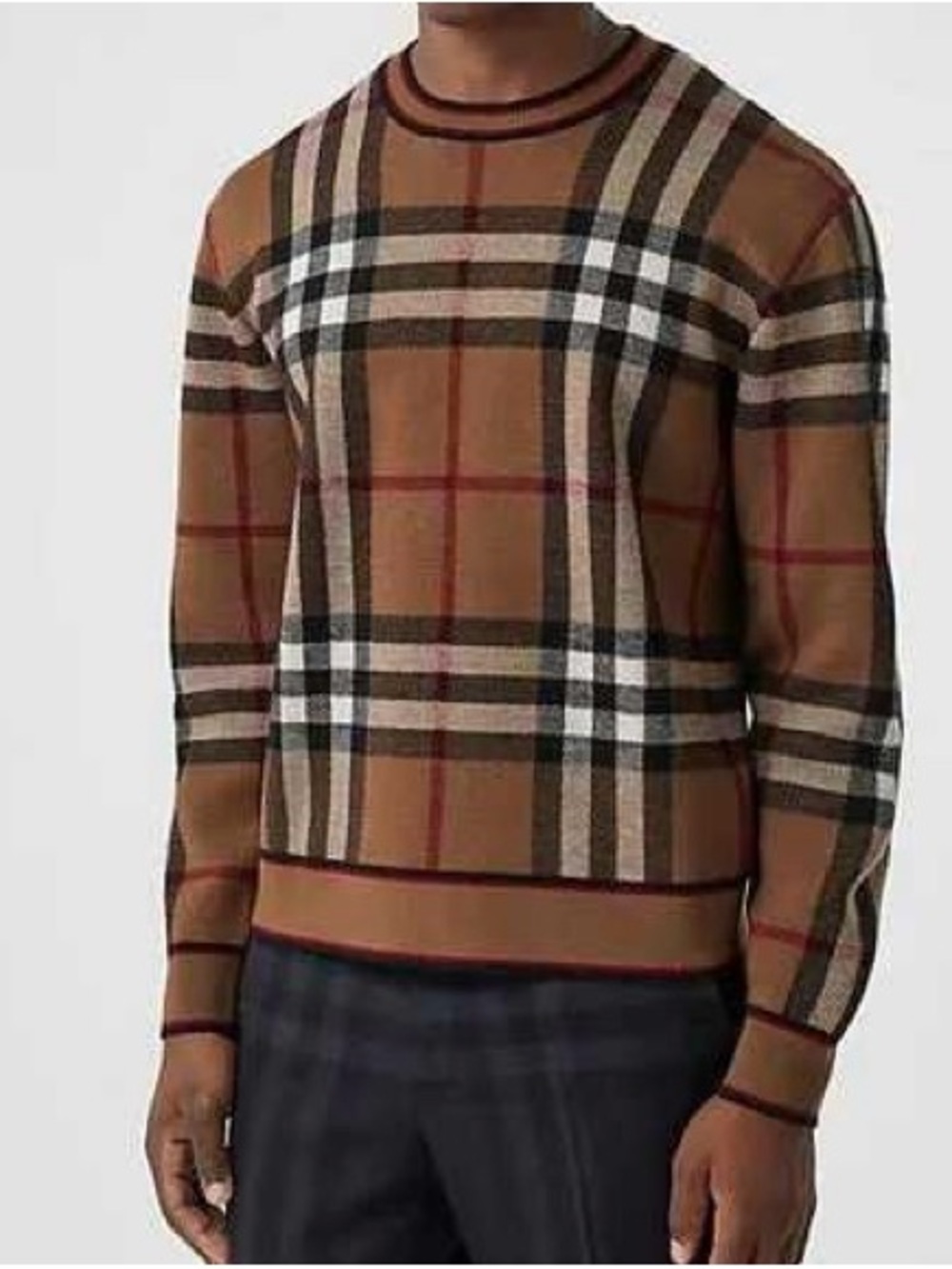 Burberry Camel Plaid Crewneck Sweater with Black and Cream Accents